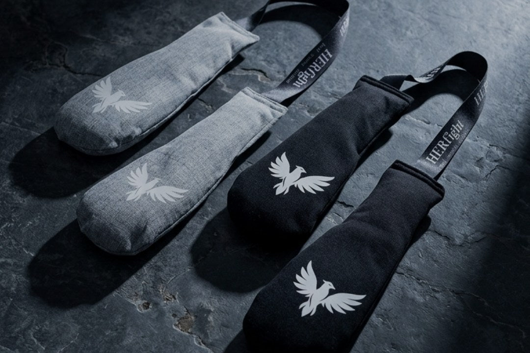 Four HERfresh glove deodorisers in grey and black with the HERfight phoenix logo, laid on a slate surface