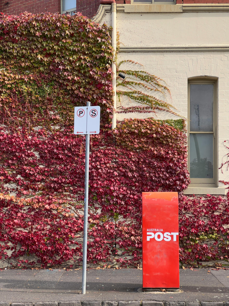 Australia Post box on a street lined with red ivy